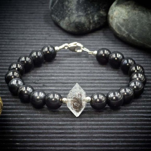 Shungite and Herkimer Diamond Bracelet - Handmade to Order - Picture 1 of 2